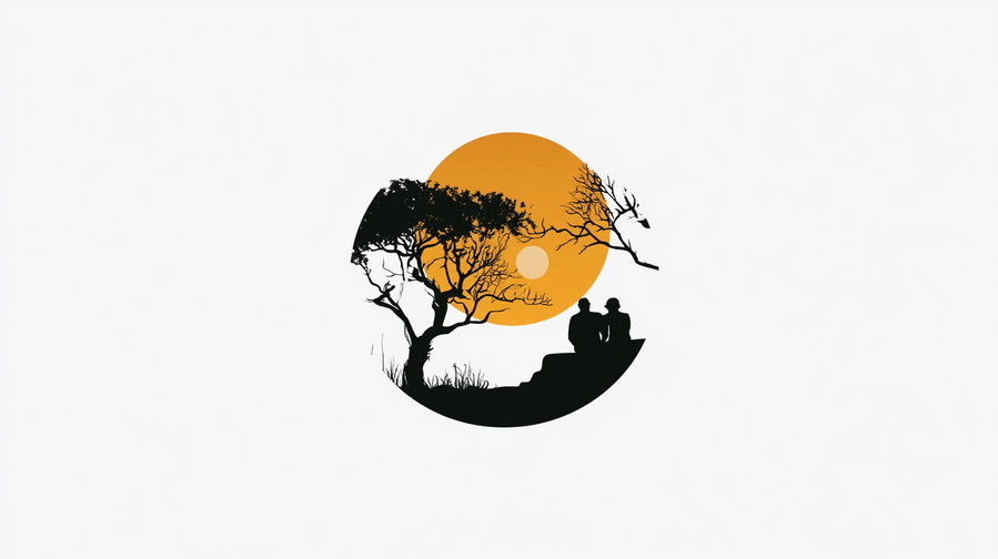 Silhouettes of a couple sitting on steps with a tree nearby and an orange sun in the background