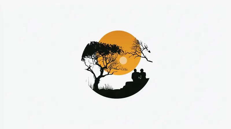 Minimalistic silhouette of a couple sitting under a tree at sunset
