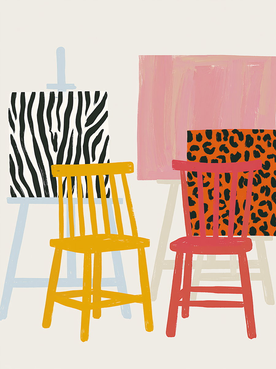Illustration of two stylized chairs in yellow and red in front of two easels holding canvases with zebra and leopard patterns and an abstract pink painting