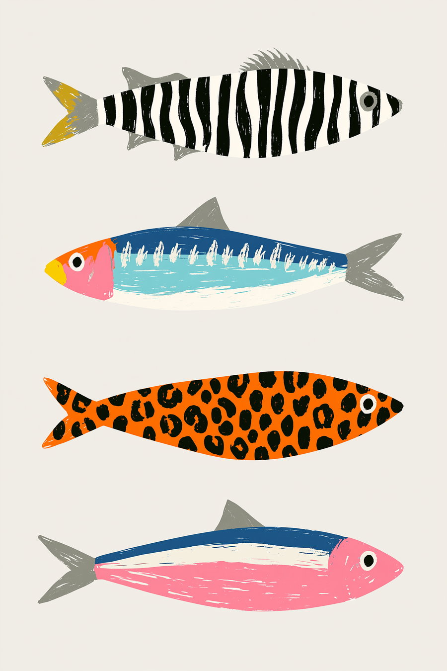 Four horizontally aligned fish with colorful, patterned bodies on a beige background