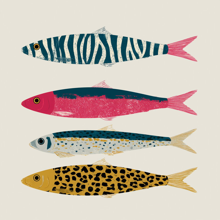 Four fish illustrations arranged vertically with different art styles and patterns including zebra stripes, solid red with black, spotted blue and white, and spotted yellow and black on beige background