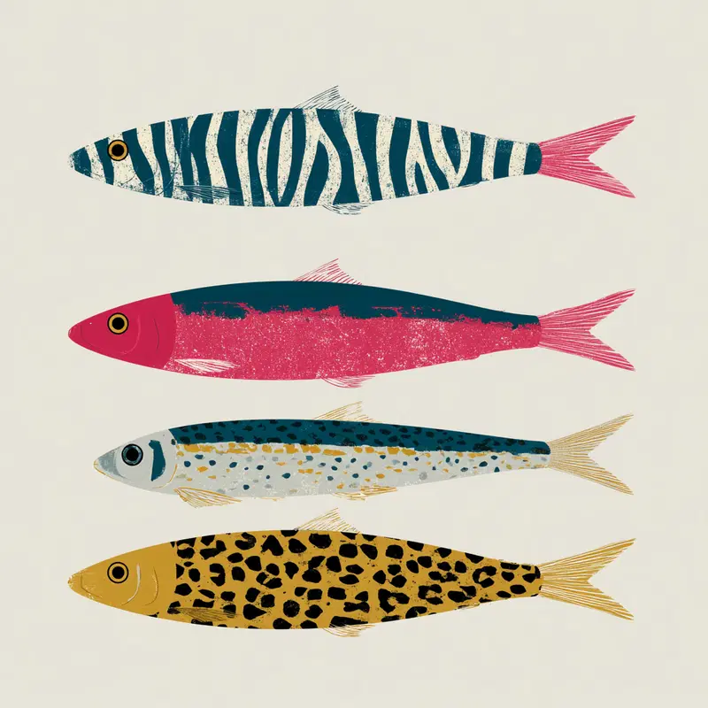 Illustrative fish designs with varied animal print patterns and vibrant colors