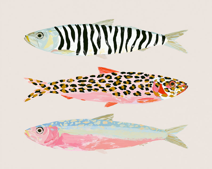 A digital painting of three fish with distinct patterns: one with black stripes, one with leopard-like spots, and one with blue and pink shades on a light beige background