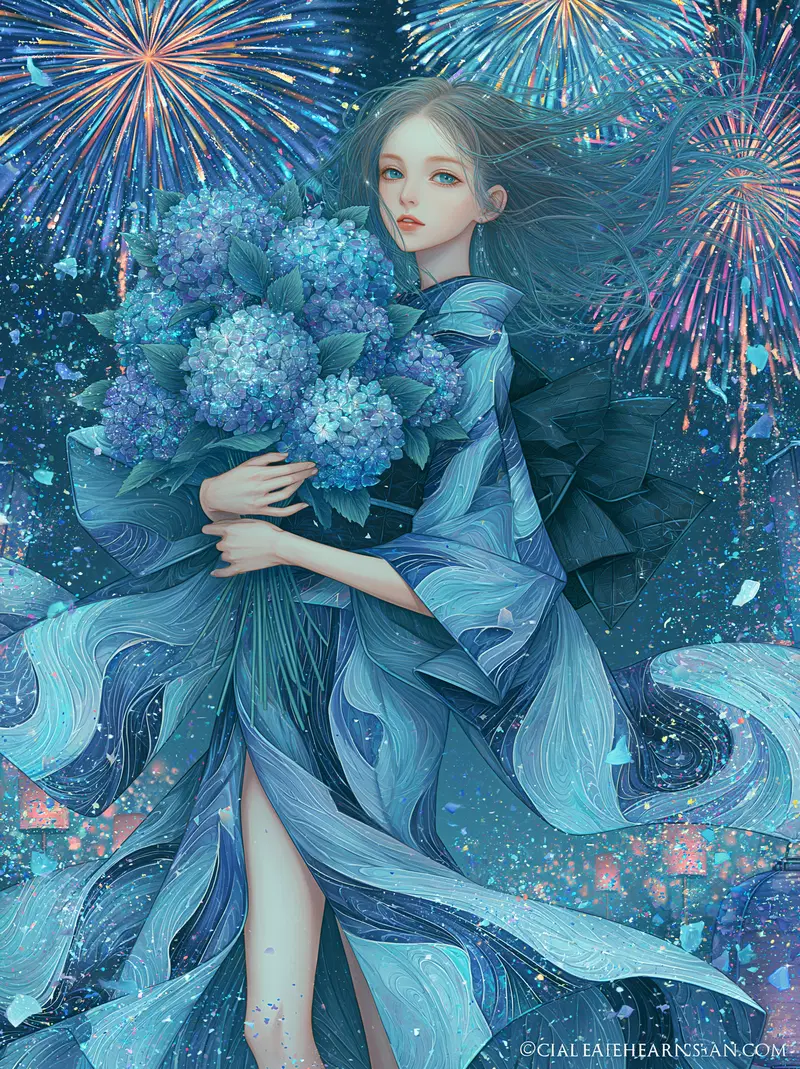 Elegant artistic portrait of a woman in flowing blue kimono with fireworks