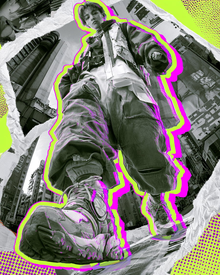 A low angle black and white photo of a person wearing cargo pants and sneakers, outlined in bright neon pink and green, set on a collage background of torn paper and urban city elements with bright yellow and purple dot patterns.
