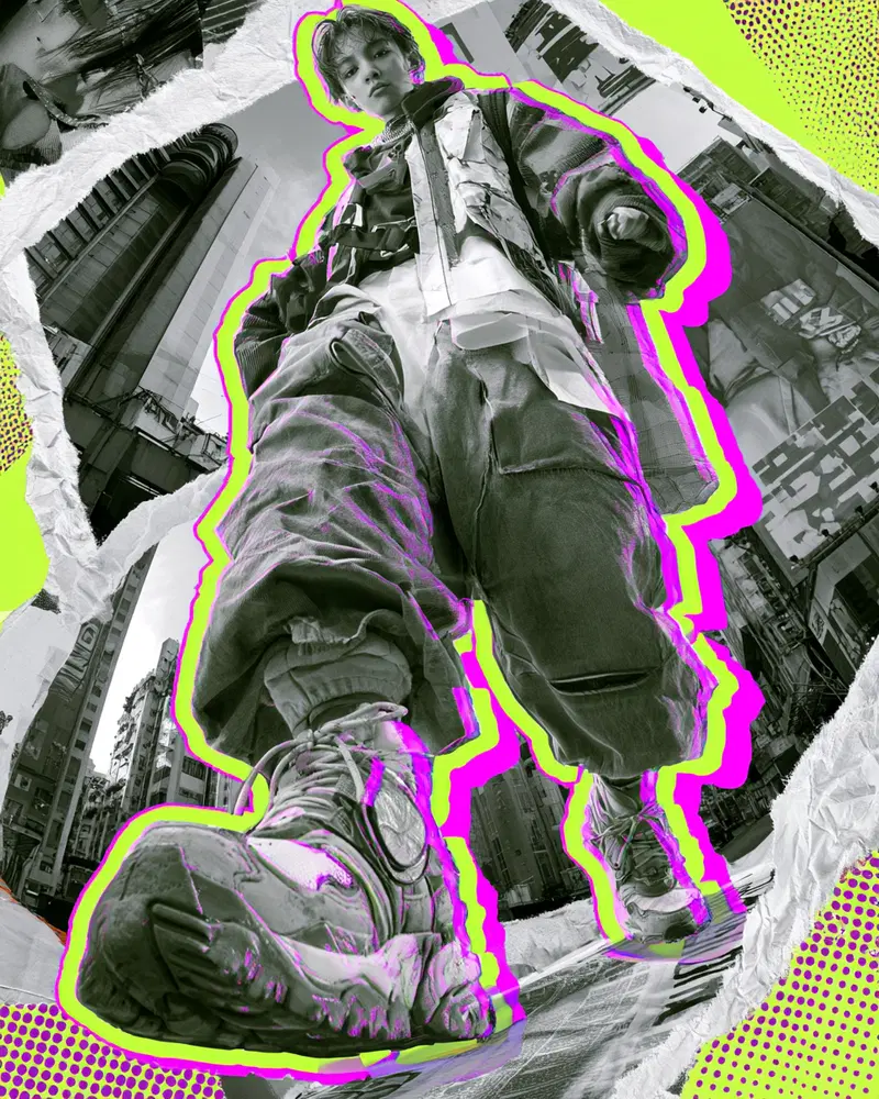 Urban mixed media collage featuring low angle portrait with vibrant outlines