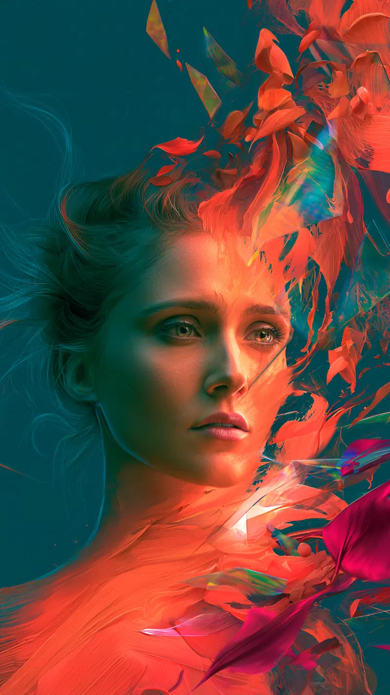 Surreal artistic portrait with vibrant abstract floral explosions