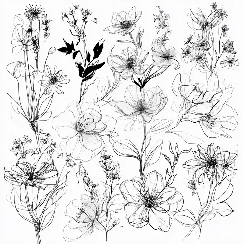 Detailed black and white line drawing of various delicate flowers and leaves