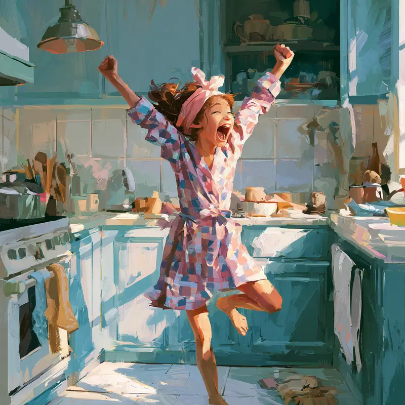 Joyful girl dancing in a bright and colorful kitchen interior