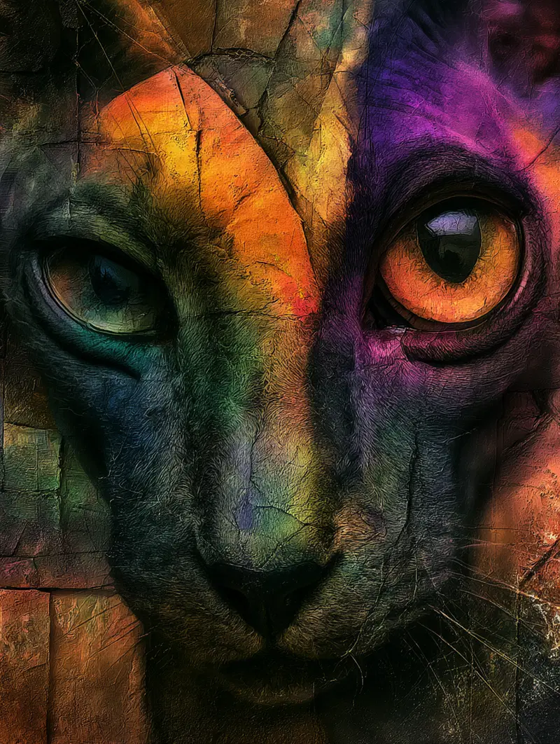 Close-up of a cat face in vibrant multicolor with textured mixed media effect