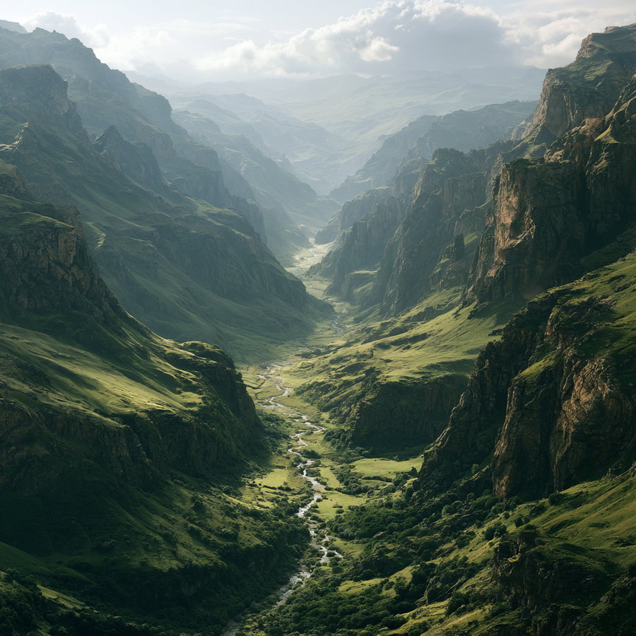 A detailed landscape of a deep valley with a meandering river, surrounded by green grassy cliffs and rocky mountains under a cloudy sky