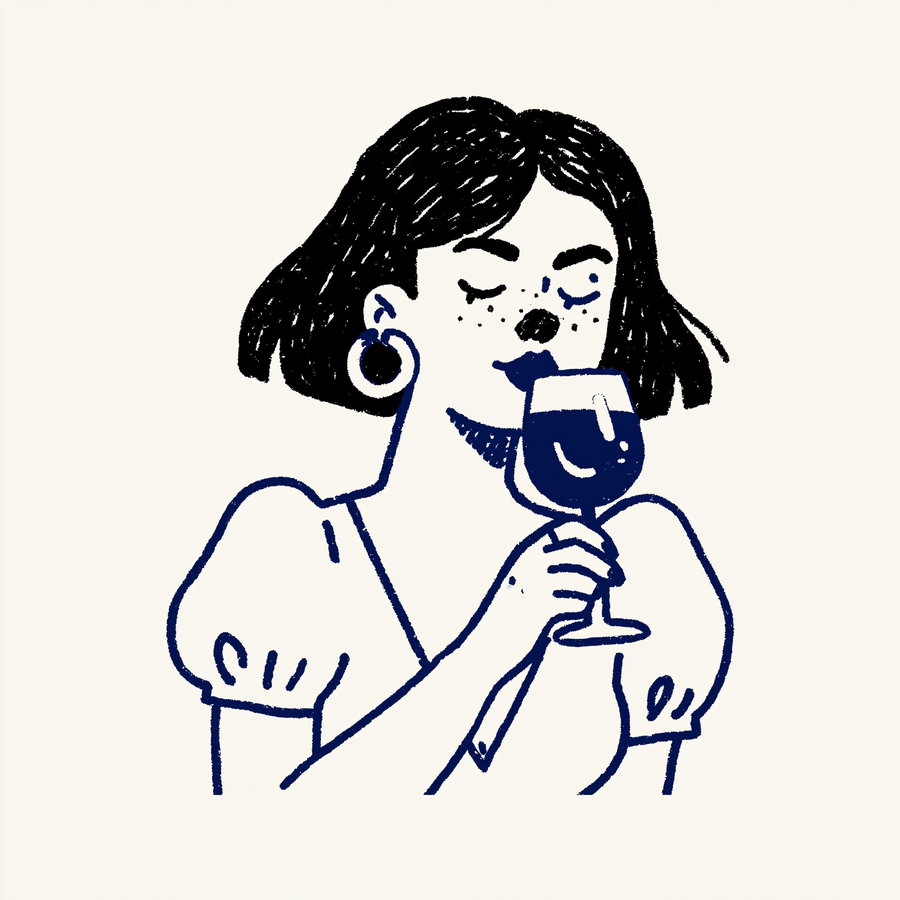 A stylized drawing of a woman with short black hair, large hoop earrings, and a puffed sleeve top, holding and smelling a glass of wine with her eyes closed