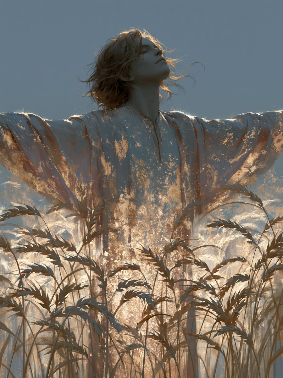 A portrait of a person with shoulder-length hair, eyes closed, head tilted back, wearing a flowing garment, standing among tall plants with a glowing golden light effect throughout