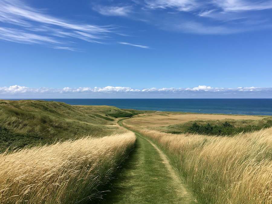 A natural landscape showing a green grassy path surrounded by tall golden grass leading to a distant shoreline with ocean and a partly cloudy blue sky