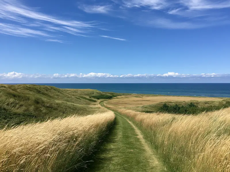 Scenic coastal landscape with a winding grassy path and blue sky