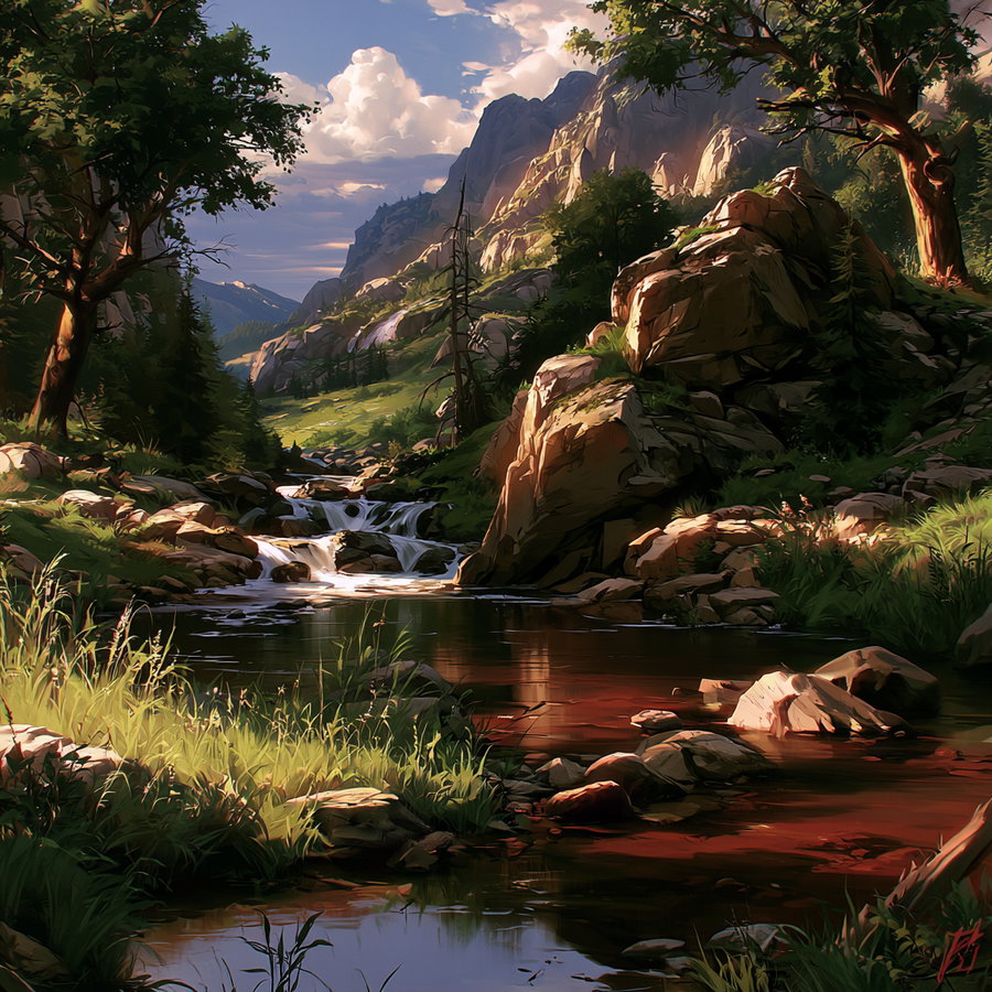 A detailed painting of a river flowing through rocks with lush green trees and mountains in the background under a partly cloudy sky