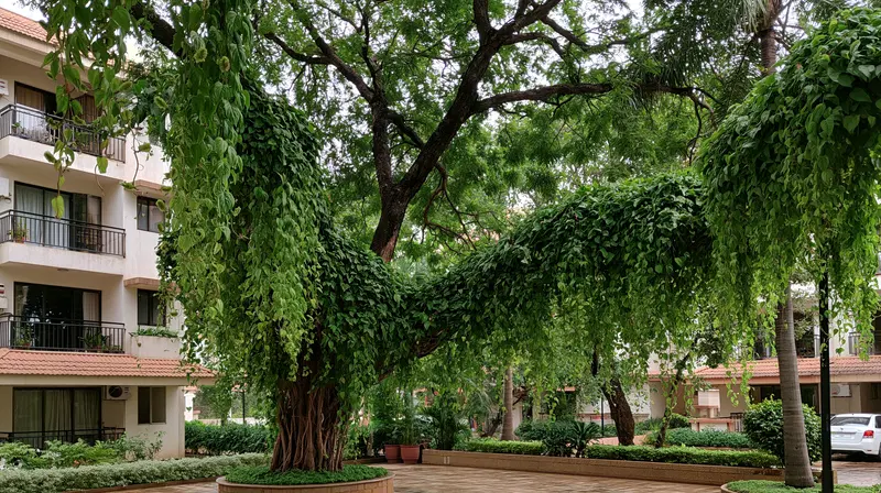 Lush greenery integrated around residential complex architecture