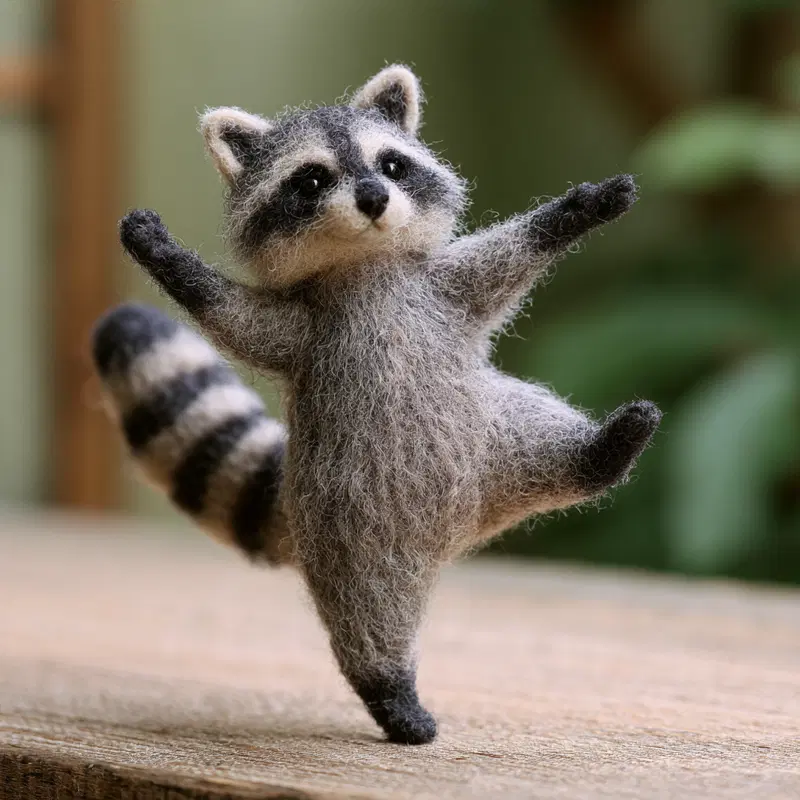 Adorable handcrafted needle felted raccoon figurine in a playful pose