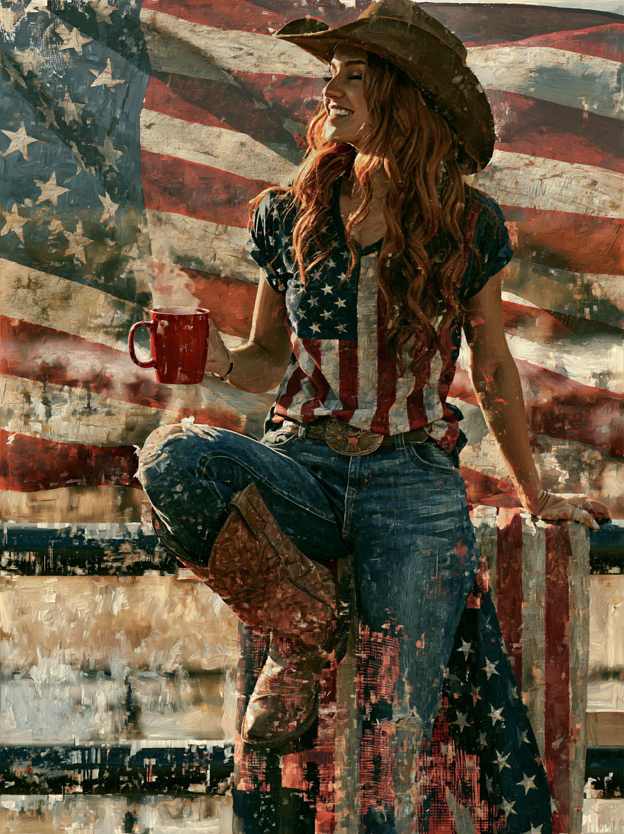 A portrait painting showing a smiling woman wearing a cowboy hat, American flag patterned shirt, jeans, and boots, holding a red steaming mug, with a large American flag in the background.