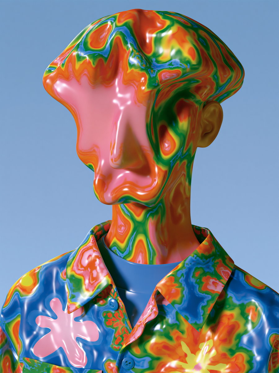 A distorted humanoid figure with a smooth, glossy texture covered in swirling bright colors of orange, green, blue, and pink, wearing a colorfully patterned shirt against a simple blue background