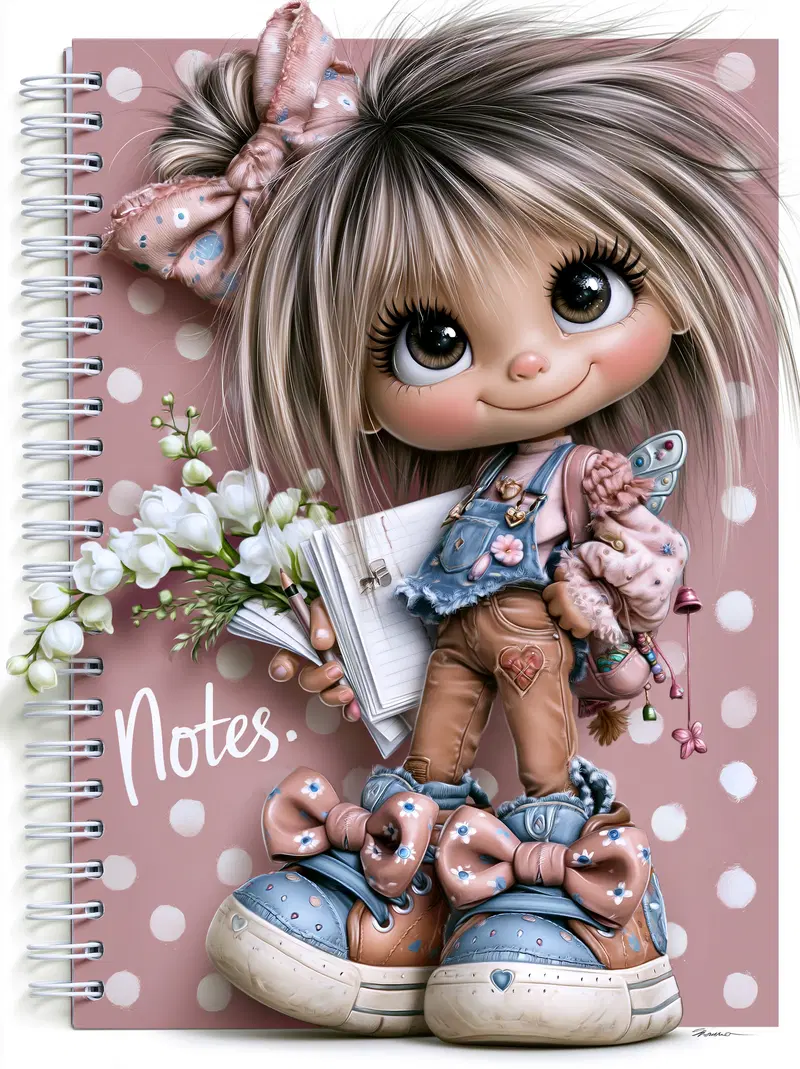 Cute whimsical illustration of a little girl holding a notebook and flowers