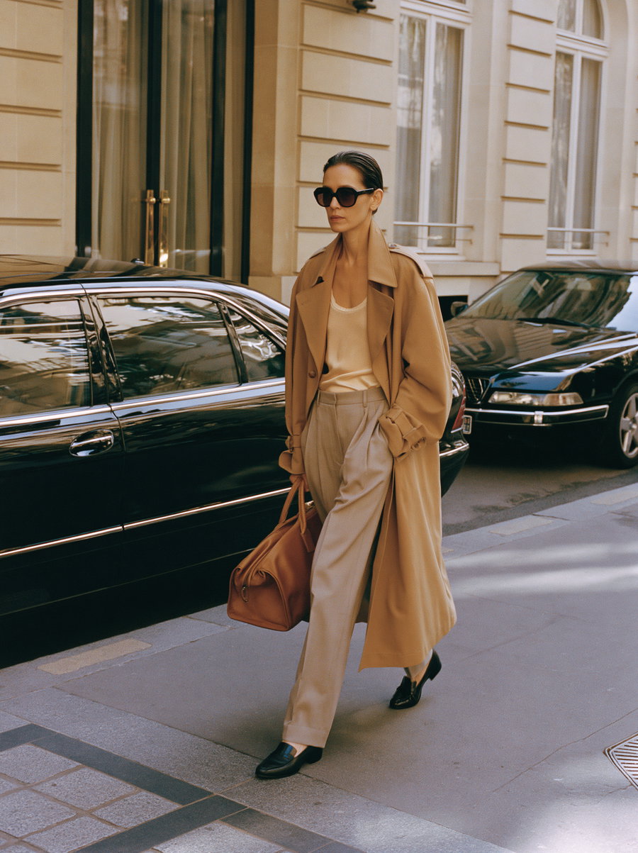 A woman walking on the sidewalk wearing a long beige trench coat, cream top, high-waisted beige pants, black loafers, sunglasses, and carrying a brown handbag with two black cars parked beside her
