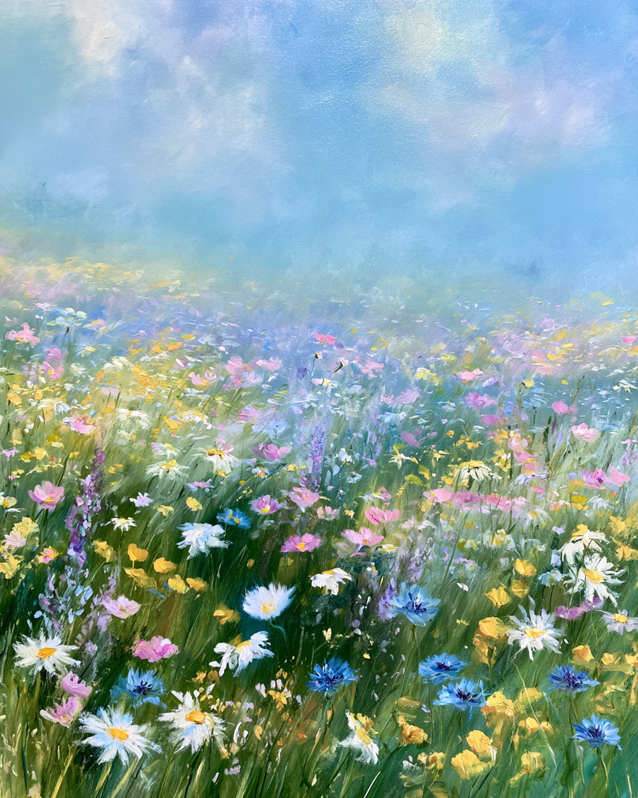 A painting depicting a vibrant wildflower meadow with white daisies, blue cornflowers, yellow and pink flowers under a soft blue sky