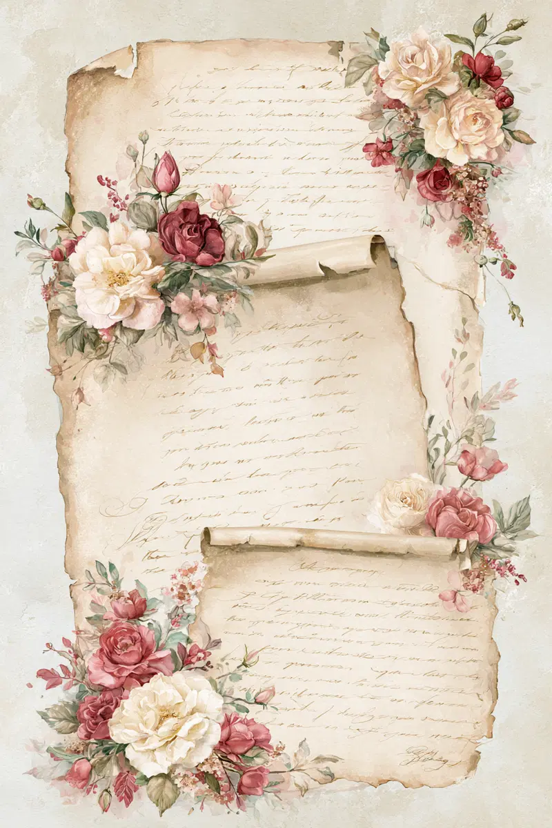 Vintage botanical illustration of roses surrounding aged scrolls with handwritten text