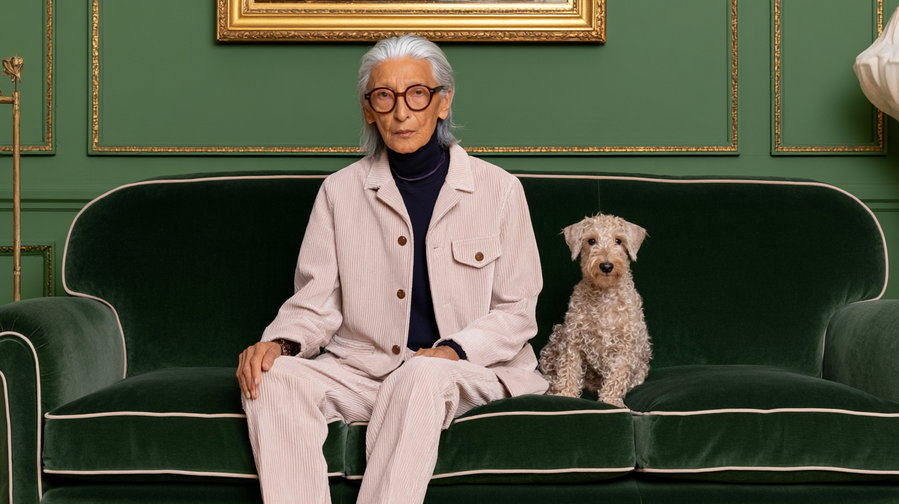 An elderly person with white hair and large round glasses wearing a light-colored corduroy suit and dark turtleneck seated on a dark green velvet sofa next to a small curly-haired dog in an ornately decorated room