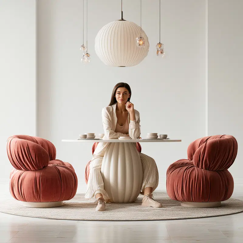 Contemporary artist studio setup with plush chairs and modern table