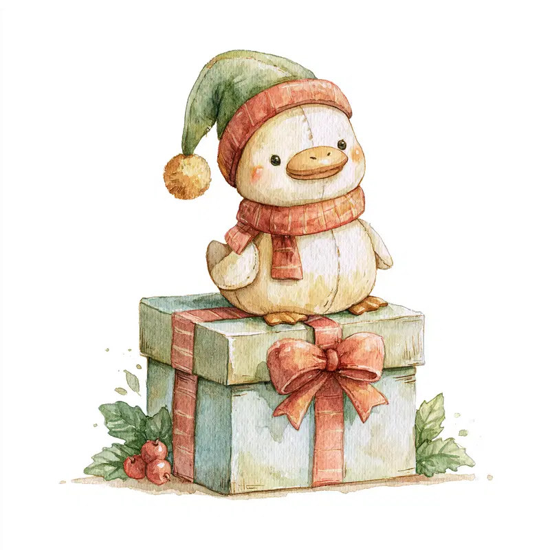 Watercolor painting of a cute duck wearing a winter hat on a gift box