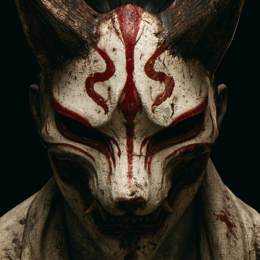 close-up image of a person wearing a white cracked mask with red markings resembling a demonic fox, set against a dark background