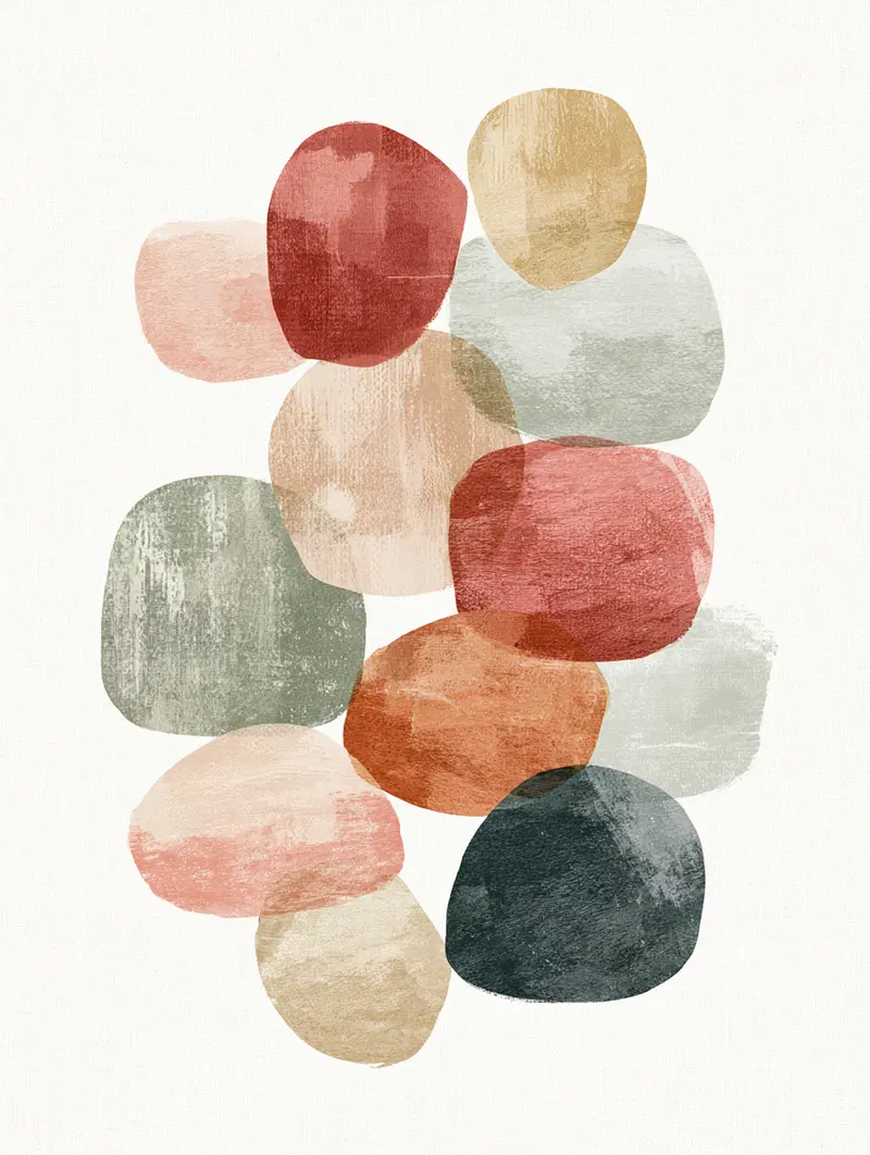Abstract composition with layered translucent colorful shapes in muted tones
