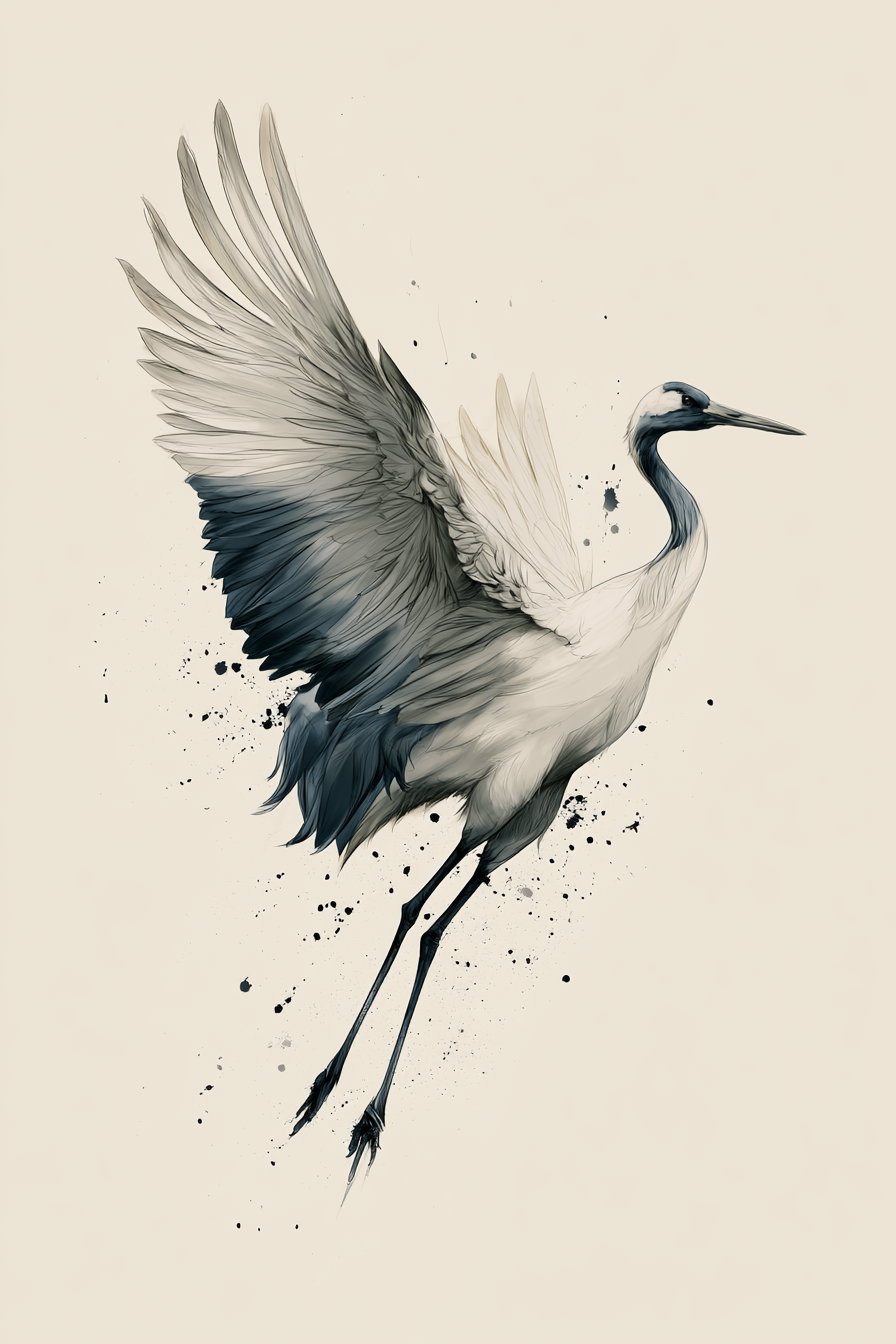 A digital painting of a crane bird with wings spread wide, featuring black and white tones and ink splatters around the bird on a beige background