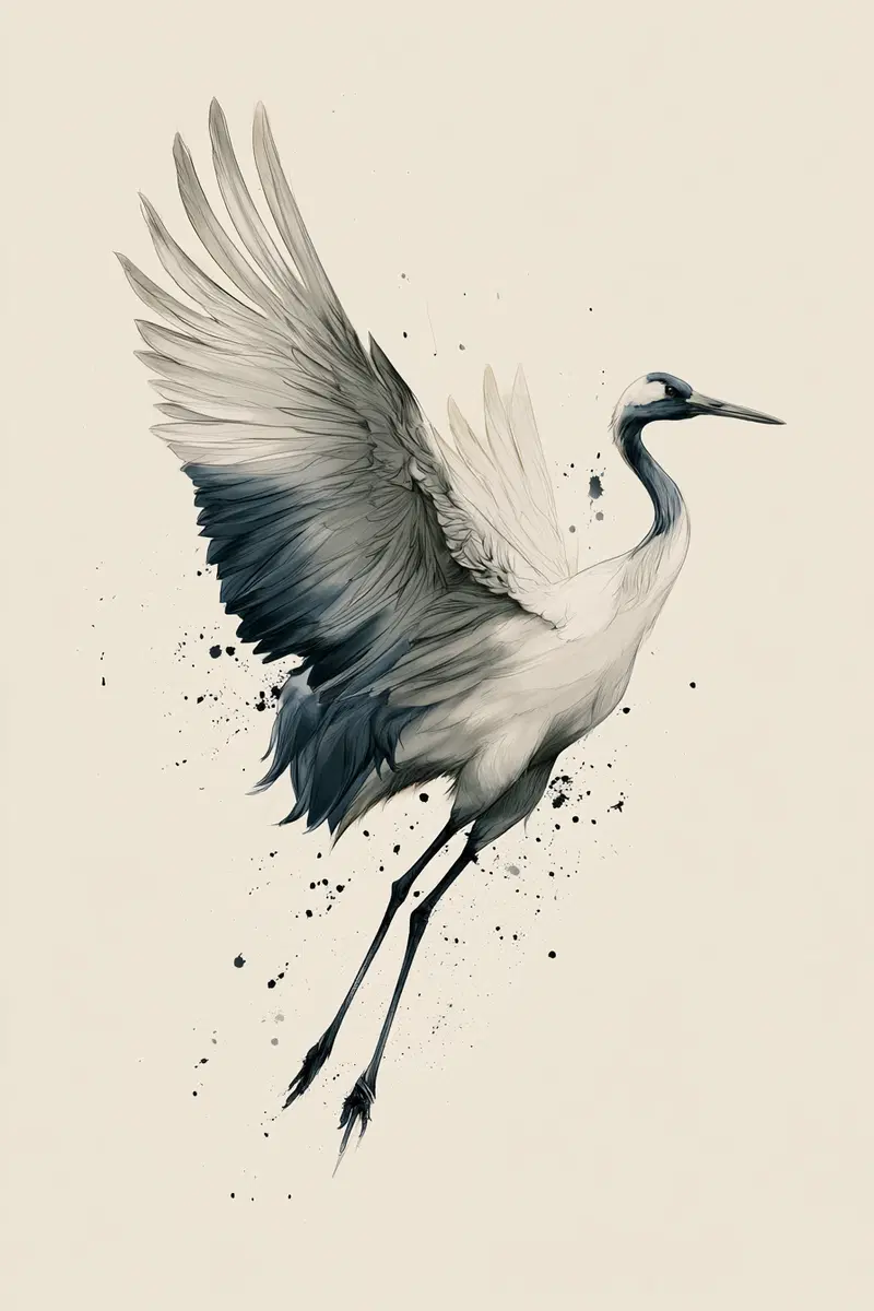 Detailed digital painting of a crane in mid-flight with ink splatter effects