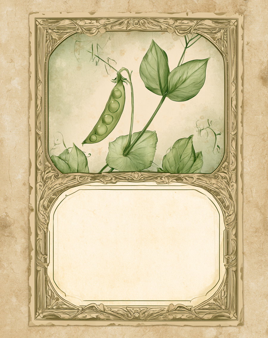 Vintage botanical illustration featuring a green pea pod hanging from the plant with accompanying leaves, framed in an ornate decorative border on an aged paper background with an empty label space below
