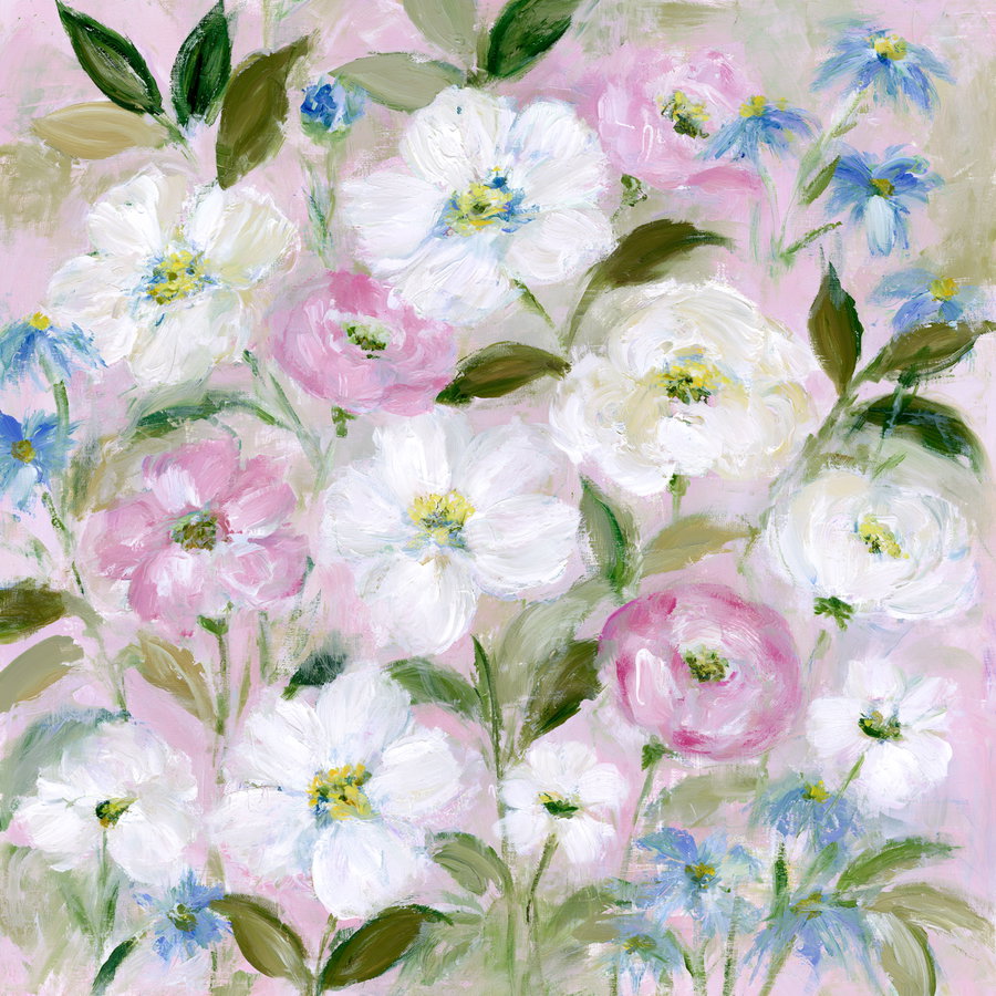 An oil painting featuring white, pink, and blue flowers with green leaves on a soft pink background