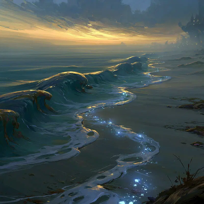 Concept art of glowing waves rolling onto a misty beach at sunset