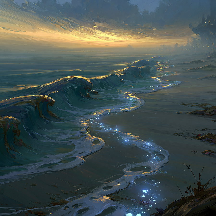 Digital painting of ocean waves with glowing lights in the water, a misty beach, and a cloudy sunset sky