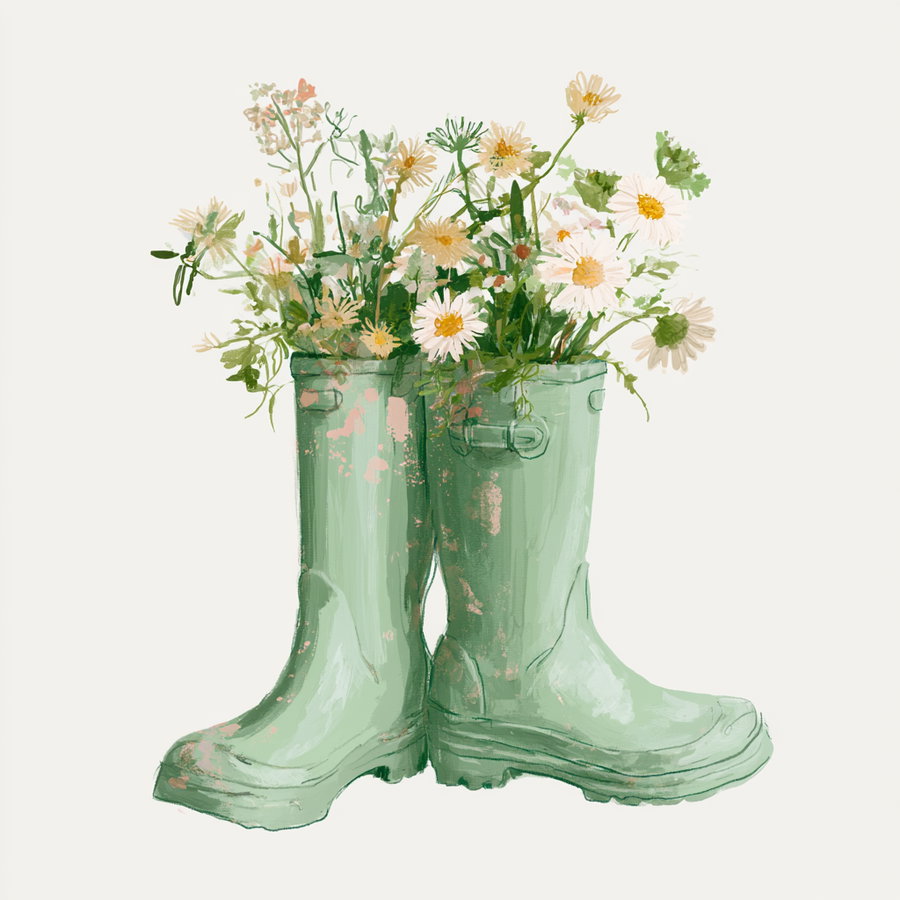 A pair of green rain boots with wildflowers and green leaves growing out of them against a plain light background.