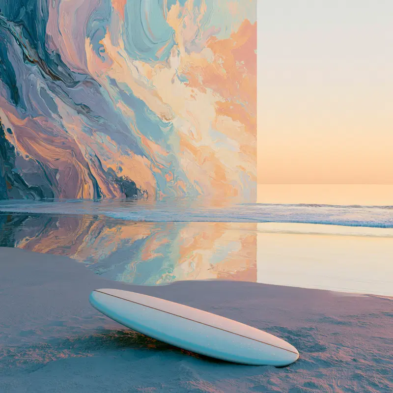 Surreal Beach Scene with Abstract Marbled Wall and Surfboard