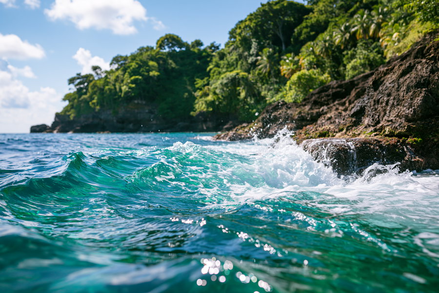 Close-up view of turquoise ocean waves splashing on rocky shore with dense green trees and blue sky with clouds in background