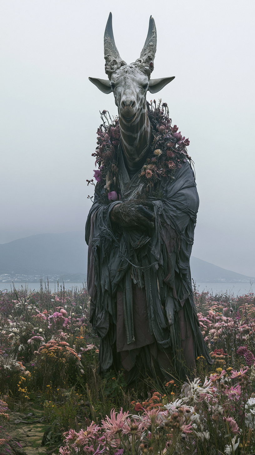 A detailed sculpture of a giraffe-headed figure wearing tattered robes adorned with flowers, standing amidst a field of diverse wildflowers with mountains in the background under a cloudy sky