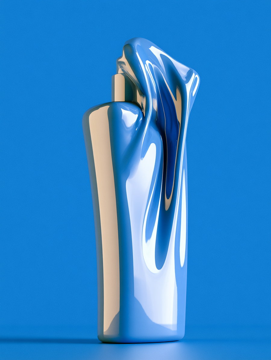 A smooth, shiny metallic abstract sculpture with reflective surfaces on a blue background.