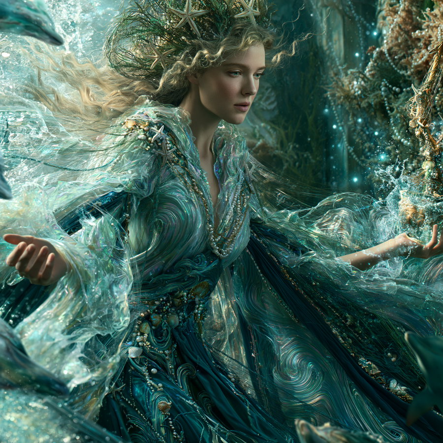 A fantasy female character with flowing curly hair wearing a detailed costume adorned with shells and pearls, surrounded by an underwater environment with glowing bubbles and marine elements.