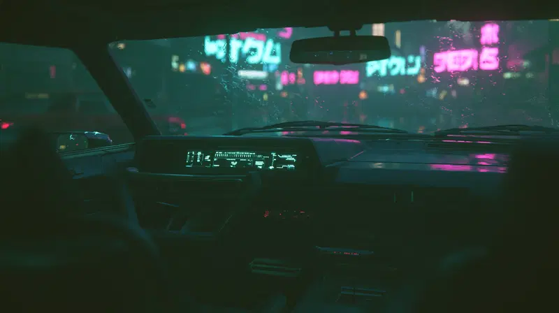 Futuristic mood inside a car with neon lights and rainy window effect