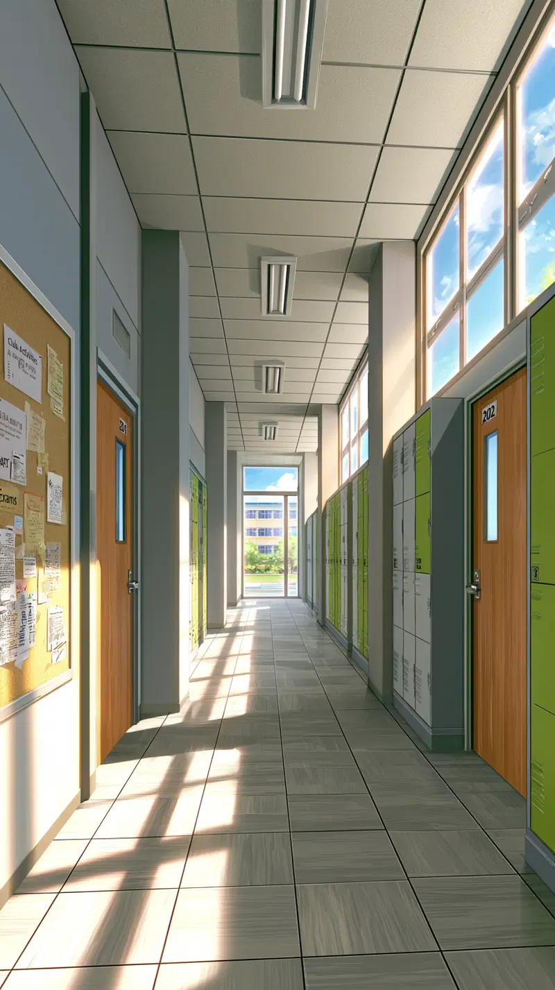 Realistic digital art of a school hallway with lockers and natural light