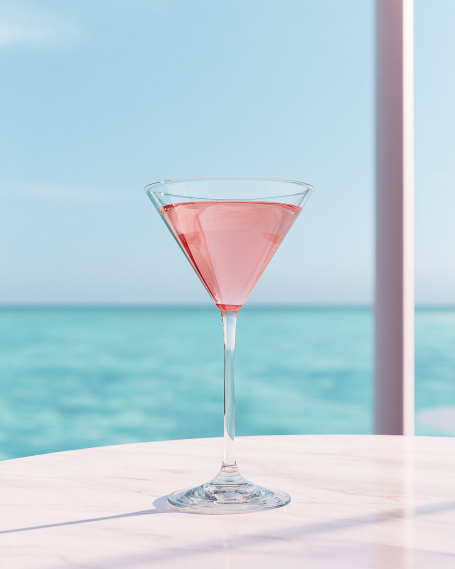 Close-up image of a clear martini glass with pink liquid on a marble table with a blurred sea and sky background