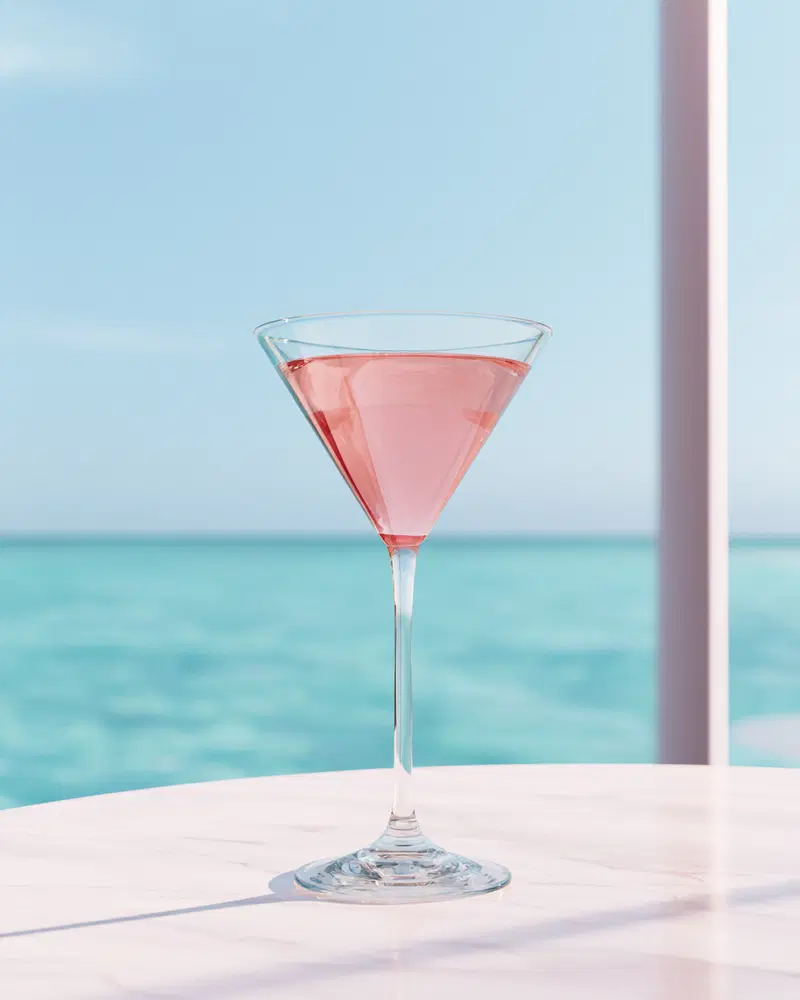 Fine art photography of a pink drink in a martini glass by the sea