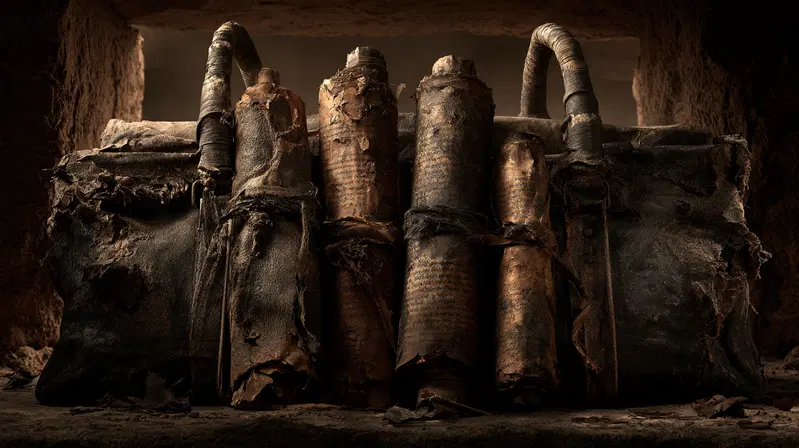 Ancient worn leather scrolls and a satchel displayed in a rustic setting